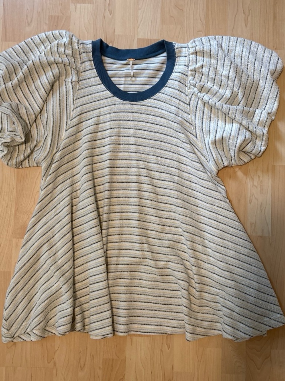 Free People Cream Stripe Puff Sleeve Dress with Navy Trim